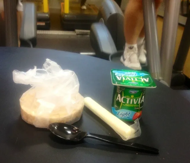 Snapdishの料理写真:Today, my pre-workout snacks include yogurt, one rice cake, and string cheese.|Alena Eydlishさん