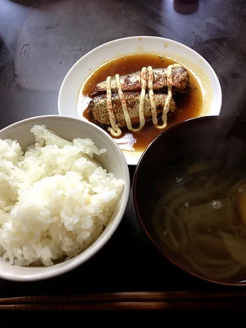 Snapdishの料理写真:鰯の生姜煮チリマヨネーズとタマネギのスープ（≧∇≦）|大きな樹さん