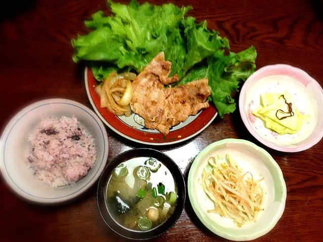 生姜焼き・キャベツの漬物・もやしのナムル・味噌汁・ご飯|risaccoさん