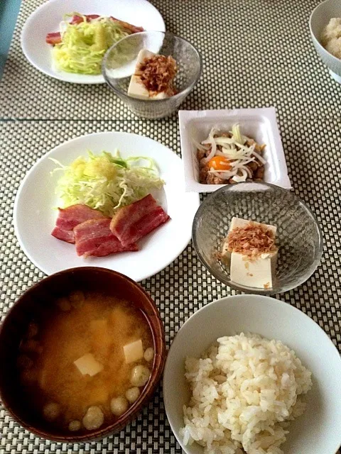 今朝の朝食(ベーコン、納豆、冷奴)|純子さん