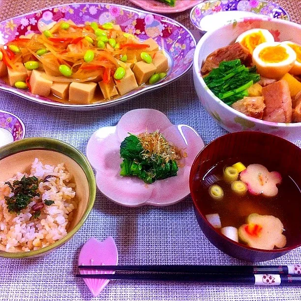 豚の角煮＊高野豆腐の野菜あんかけ＊春菊のお浸し|ティアラさん