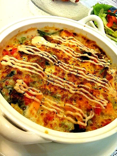 Salmon spinach cheese baked rice with spicy roe|tiffany chendrainyさん