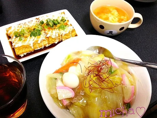 厚揚げのマヨぽん焼き♡中華丼♡トマトと玉子のスープ♡|micha♡さん