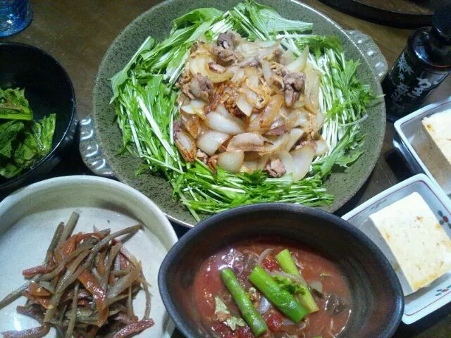 Snapdishの料理写真:豚肉の生姜焼き（玉葱と油揚げで増量(笑)）。菜の花の辛子醤油和え。金平。温野菜のラタトゥイユ。お豆腐を牡蠣醤油で。|mami_pitschiさん