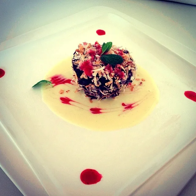 Chocolate cake covered in toasted coconut with a coconut crème anglaise raspberry culis and mint|Diana Jezさん