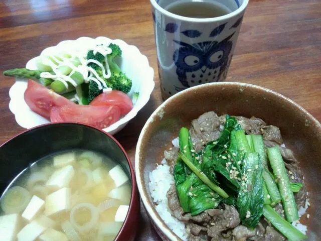 牛肉丼&サラダ&豆腐の味噌汁|はぎのつきさん