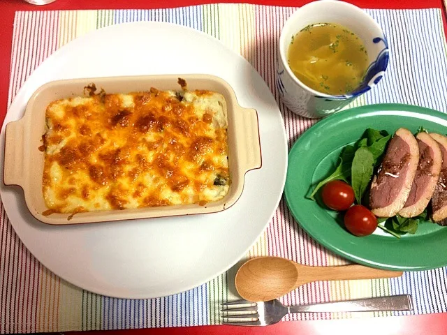里芋のグラタン、鴨のスモークサラダ、野菜スープ|namchopさん