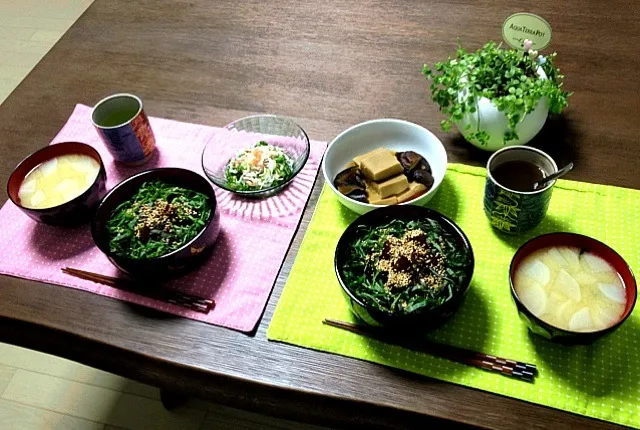 漬けマグロ丼、大根のお味噌汁、カニカマときゅうりの酢の物、高野豆腐の椎茸煮、菊芋茶|pentarouさん