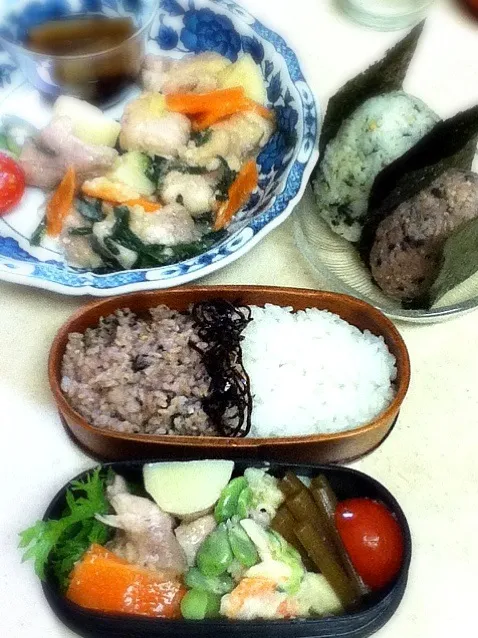 Snapdishの料理写真:今日のOL弁当とJKディナーと校了用オニギリw Today's my lunch box & daughter's dinner & my overtime dinner.|hoppycowさん