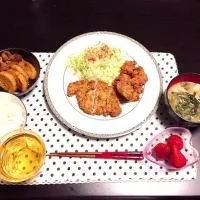 トンカツ・唐揚げ・大根の甘辛煮・お味噌汁・イチゴ|k'mamaさん