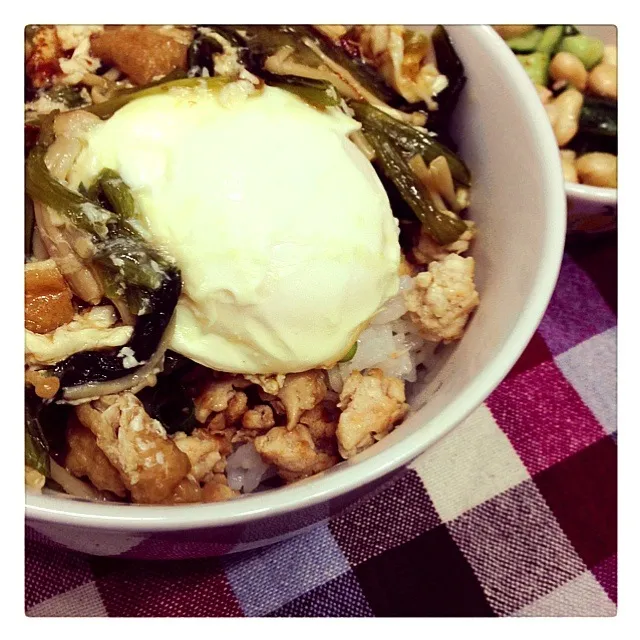 Snapdishの料理写真:鶏そぼろと卵で親子丼、豆サラダ|carinさん