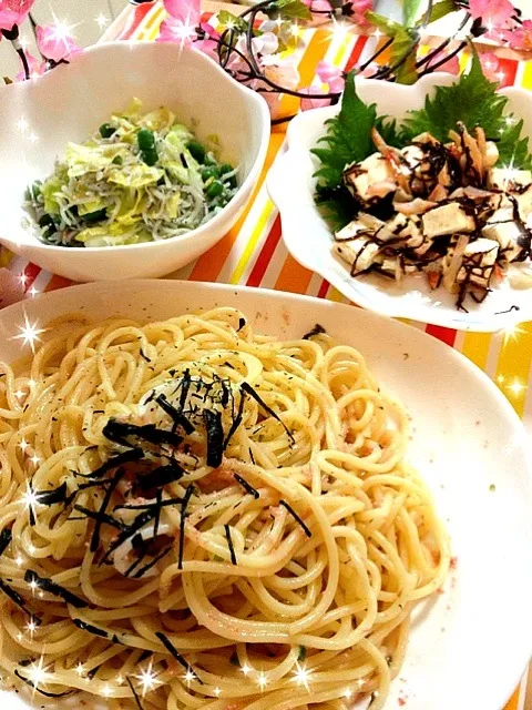 Snapdishの料理写真:クリームチーズ昆布あえ。たらこいかパスタ。キャベツしらすごま油いため。|Rieさん