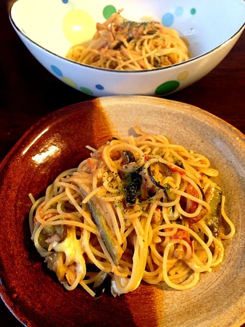 Snapdishの料理写真:茄子とトマトのツナ豆乳クリームパスタ|さくたえさん