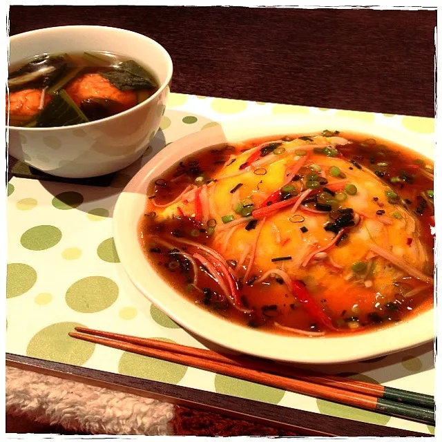 カニカマ天津飯と小松菜スープ|かぴこさん