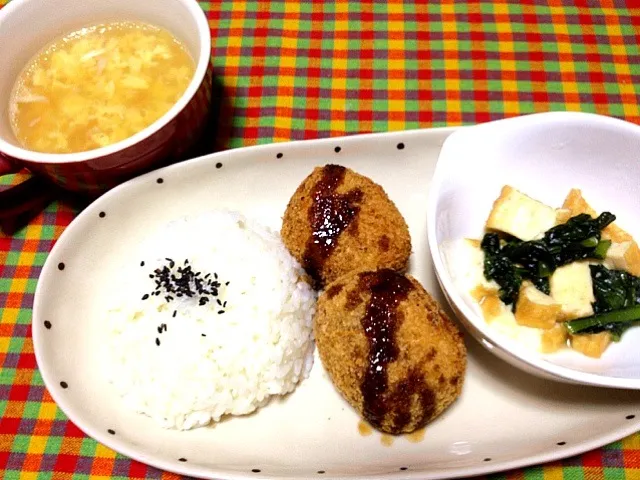 コロッケ、小松菜とあげの煮物|あおいさん