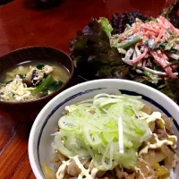 豚マヨ丼＆ごぼうサラダ＆ほうれん草たまごスープ☆|めぐさん