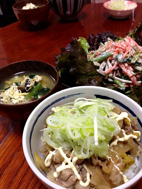 豚マヨ丼＆ごぼうサラダ＆ほうれん草たまごスープ☆|めぐさん