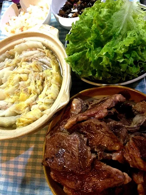 豚バラと白菜の鍋、焼肉、ひじき煮、ますご飯|たびもかさん