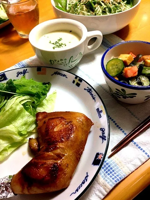 晩御飯🎶チキンの照り焼き&中華春雨サラダ&カボチャのスープ🎶|かよさん