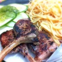 Snapdishの料理写真:Pan-fried Rosemary Lamb Ribs with Aglio Olio and mint jam on the side.|Wendy Zengさん