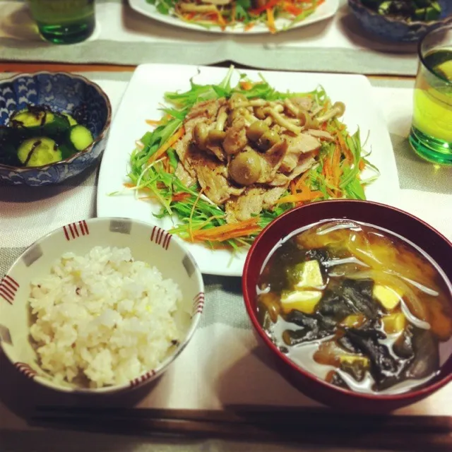 今日の夕飯。豚しゃぶサラダ、キュウリの塩昆布和え、玉ねぎと豆腐のお味噌汁|akiさん