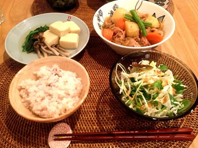 肉じゃが、高野豆腐のおひたし|おーさわさん