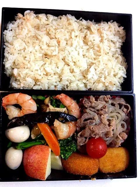 Snapdishの料理写真:桜海老の炊き込みご飯と八宝菜弁当|zcさん