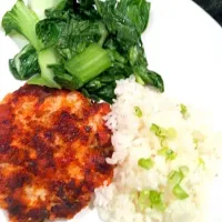 Snapdishの料理写真:Asian sockeye salmon cake, baby bok choy, and sushi rice|Wendy Bruneさん