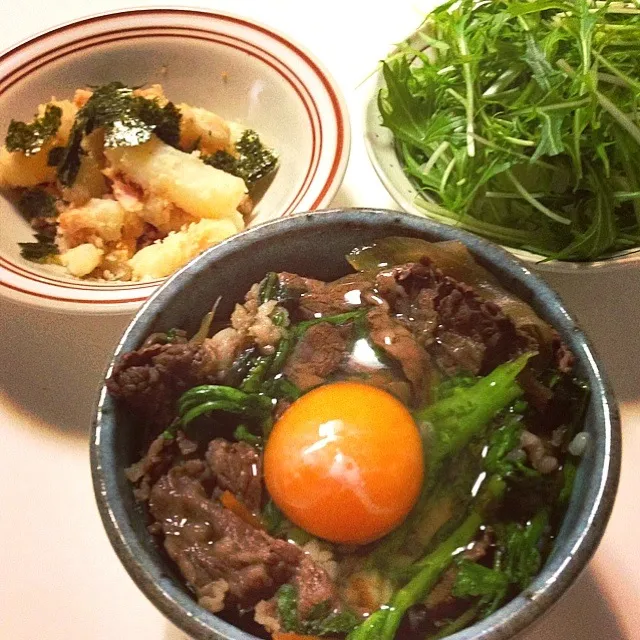 牛丼＆和風ジャーマンポテト＆水菜と大根サラダ|hinomizさん