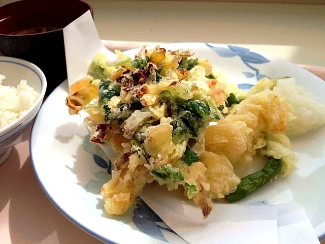 Snapdishの料理写真:今日の社食は春野菜の天ぷら。520円。今日も和食。|ルーア・ブランカさん