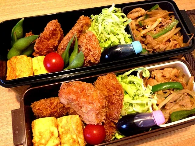 お弁当♡豚カツ＆チーズカツ、キャベツ、豚もやし炒め、卵焼き、枝豆|ウサコさん