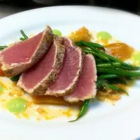 Snapdishの料理写真:Seared albacore, XO haricot vert, roasted gold beets, blood orange mignonette, edamame-ginger emulsion|Emily Meyerさん