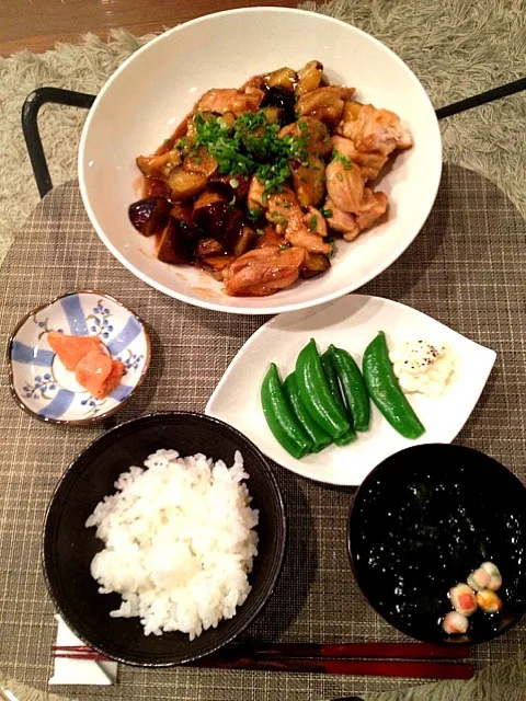 茄子の甘酢煮×スナップえんどう夕ご飯|minさん