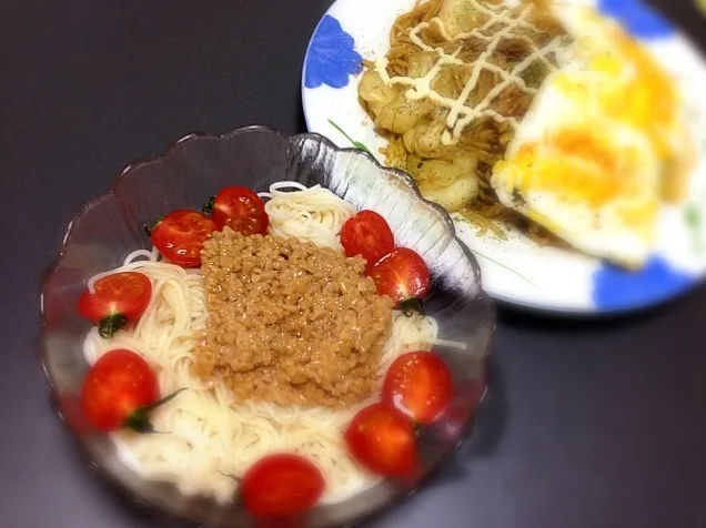 素麺に納豆青じそをかけ*\(^o^)/*と焼きそば|Ｂｊさん