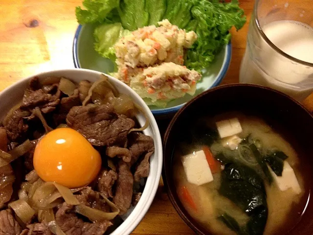 牛丼・味噌汁・ポテトサラダ|びんぶらしさん