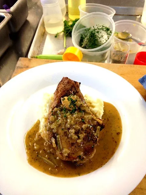 Pork chop with pomme puree and mustard sauce|nayo satterleeさん