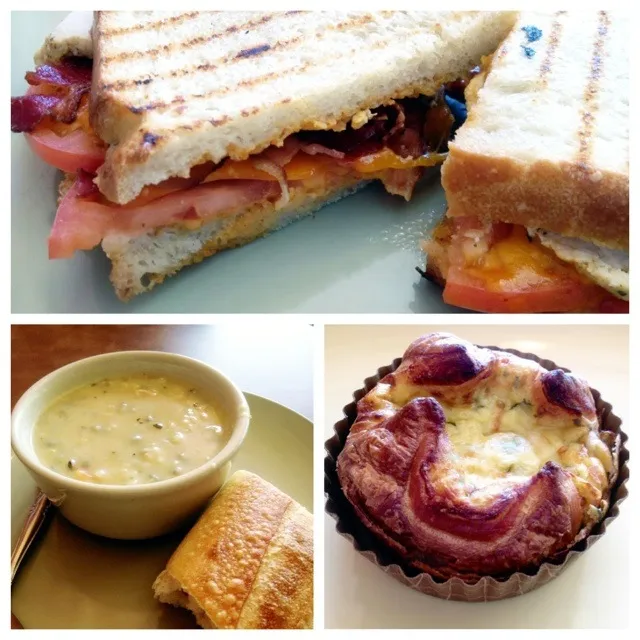 Snapdishの料理写真:Chipotle Chicken Panini, Spinach Artichoke Soufflé, Chicken With Wild Rice Soup|MyRaXさん