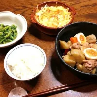 新ジャガと鶏の煮物   菜の花酢味噌和え   春キャベツのチーズ焼き|上原さん