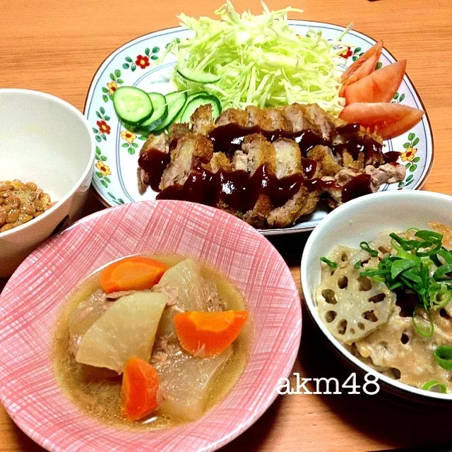 豚肉のカツレツ風、うまうまレンコン、大根とツナの煮物|アーちゃんさん