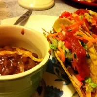 Snapdishの料理写真:Crunchy Beef Tacos with Cucumber Carrot Slaw and House-made Hot Sauce and Ranchero Beans|Carina Zieglerさん