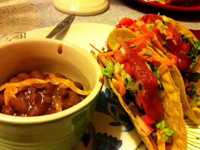 Snapdishの料理写真:Crunchy Beef Tacos with Cucumber Carrot Slaw and House-made Hot Sauce and Ranchero Beans|Carina Zieglerさん