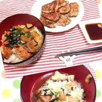 Snapdishの料理写真:甘辛焼き鳥丼とおくらと山芋の落とし焼き|吉田さんさん