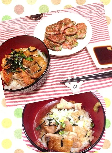 Snapdishの料理写真:甘辛焼き鳥丼とおくらと山芋の落とし焼き|吉田さんさん