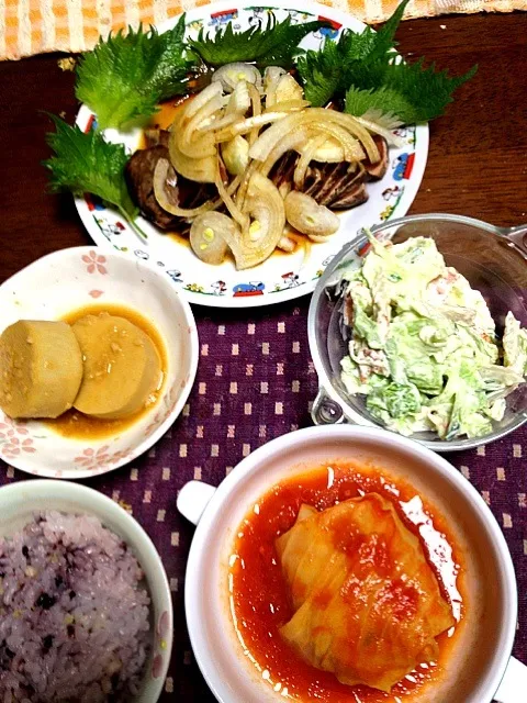 ロールキャベツのトマト煮 サラダ 里芋の醤油麹煮 鰹のタタキ|掛谷節子さん