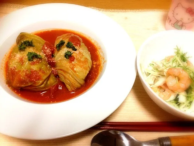 ロールキャベツトマト煮込み、海老とささ身と水菜のサラダ|まりこさん