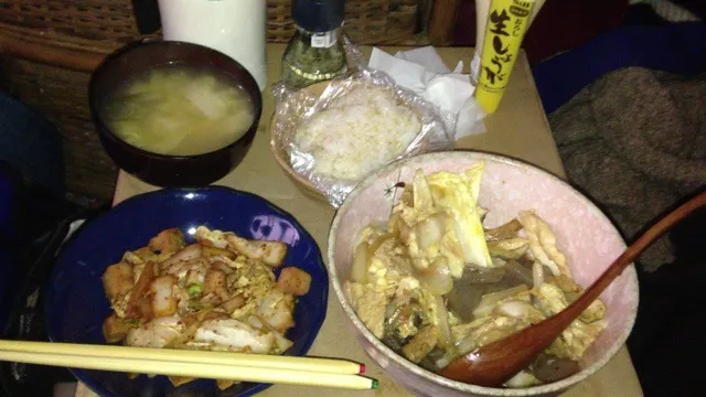 白菜高野豆腐の辛子炒めに親子丼味噌汁玄米|ばんなおさん