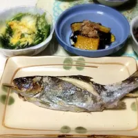 Snapdishの料理写真:鱒の塩焼き、茄子とかぼちゃの揚げ浸し、ほうれん草の卵とじ|ミサさん