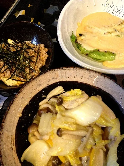 納豆豆腐丼、鶏と白菜の柚子味噌煮、キャベツの明太子チーズソースがけ|matsuura rikaさん