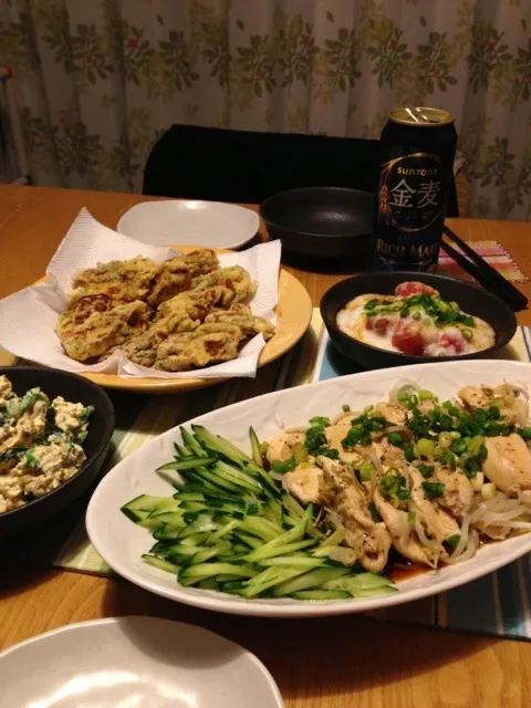 むね肉の酒蒸しとチクワの磯辺揚げとマグロの山かけと豆腐の白和え|shunkさん