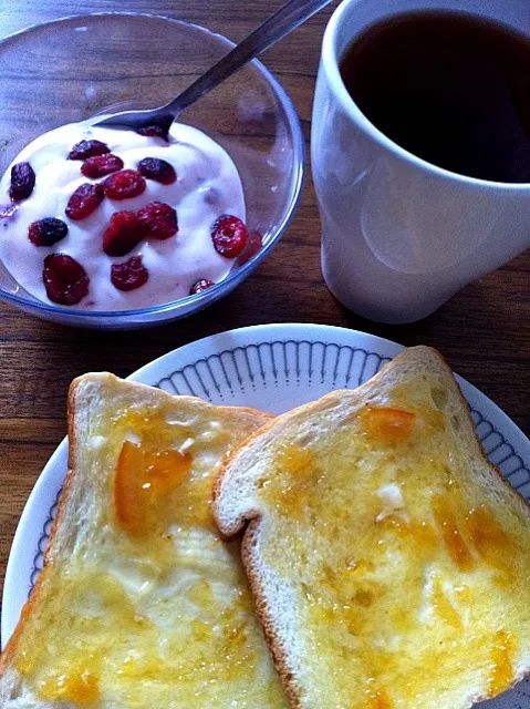 Yoghurt with cranberries, toast and tea|karen limさん